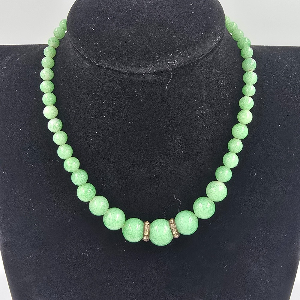 Antique Green Peking Glass Necklace Bead Rhinestone Choker 14" - Picture 2 of 5